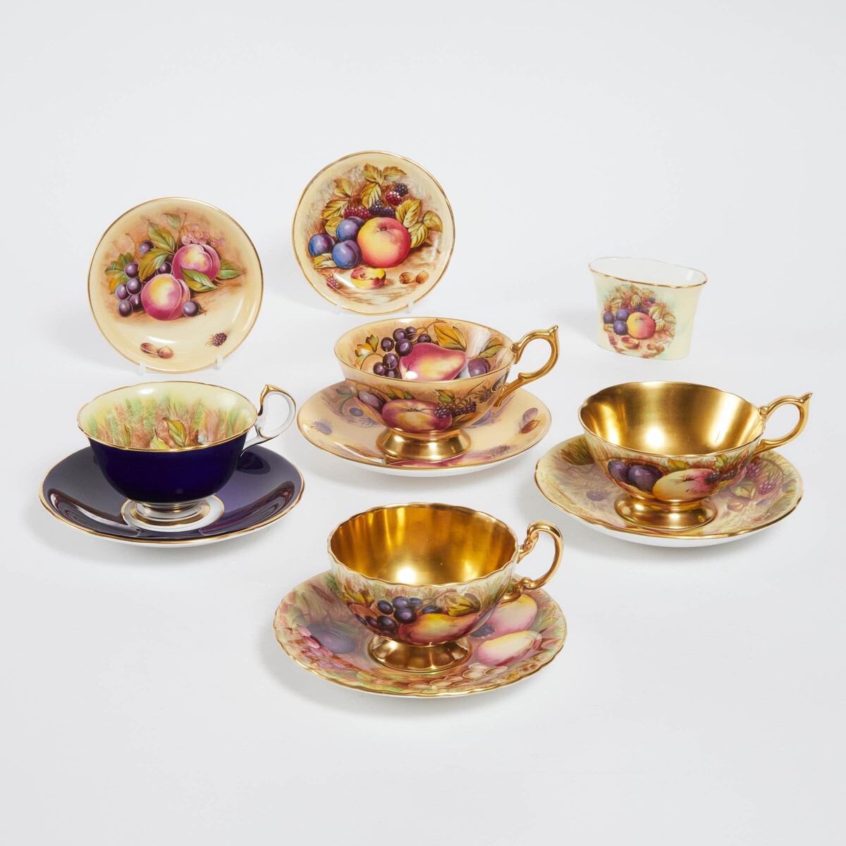 Four Aynsley 'Orchard Gold' Cups and Saucers, Two Dishes, and a Toothpick Holder, D. Jones and N. Br