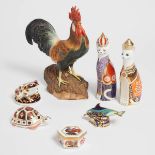 Royal Crown Derby Model of a Cockerel, Two Royal Cats, Three Paperweights and an Hexagonal Covered B