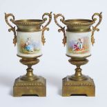 Pair of French Ceramic and Polished Bronze Mantel Urns, c.1900, height 9.5 in — 24.1 cm
