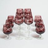 Six Polish Amethyst Overlaid and Cut Glass Wine Glasses, and Six Brandy Snifters, 20th century, heig