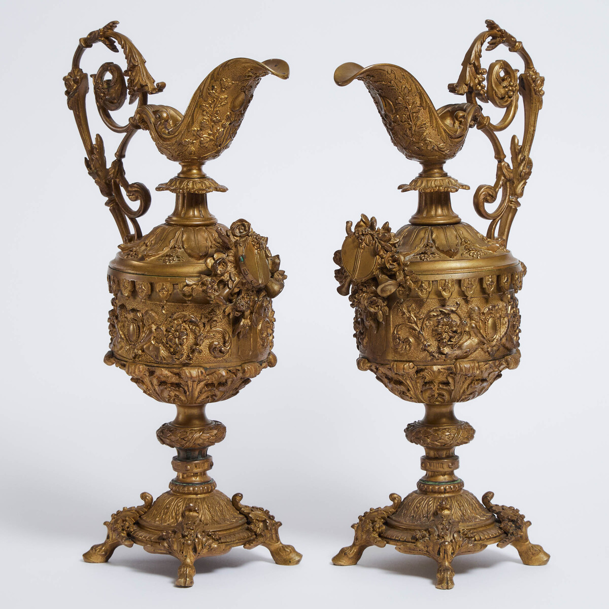 Pair of French Belle Epoque Bronze Ewers, early 20th century, each height 16 in — 40.6 cm (2 Pieces)