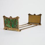 Art Nouveau Brass and Slag Glass Extendable Book End Stand, early 20th Century, collapsed 4.3 x 13 x