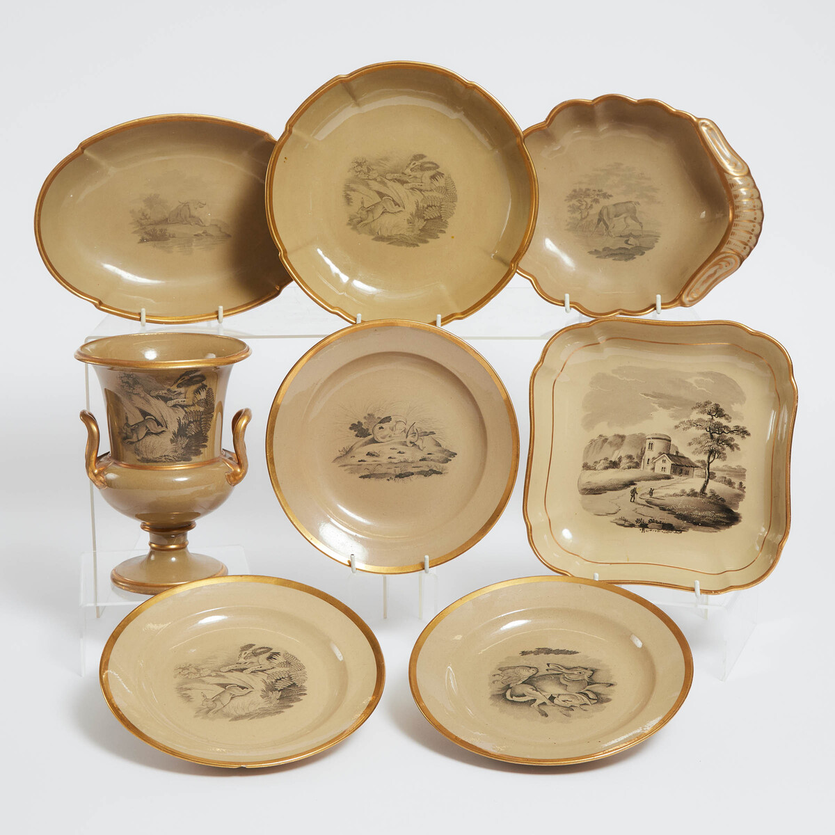 Spode Bat-Printed Drabware Two-Handled Vase, Four Serving Dishes, and Three Plates, early 19th centu