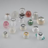 Sixteen Mainly Silver Mounted Threaded Glass Match Strikers and a Holder, early 20th century, larges
