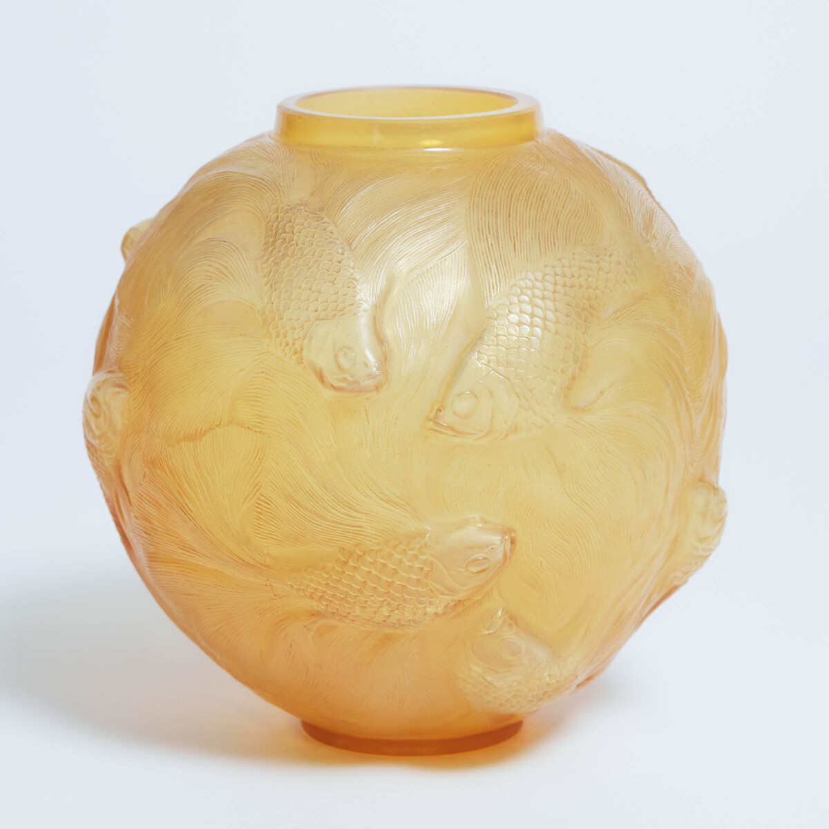 'Formose', Lalique Moulded and Partly Frosted Amber Glass Vase, c.1930, height 6.5 in — 16.5 cm - Image 3 of 3