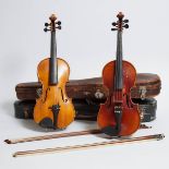 Two Continental 4/4 Violins, early 20th century, each case length 31 in — 78.7 cm (2 Pieces)