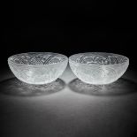 'Pinsons', Pair of Lalique Moulded and Partly Frosted Glass Bowls, post-1945, height 3.5 in — 9 cm,