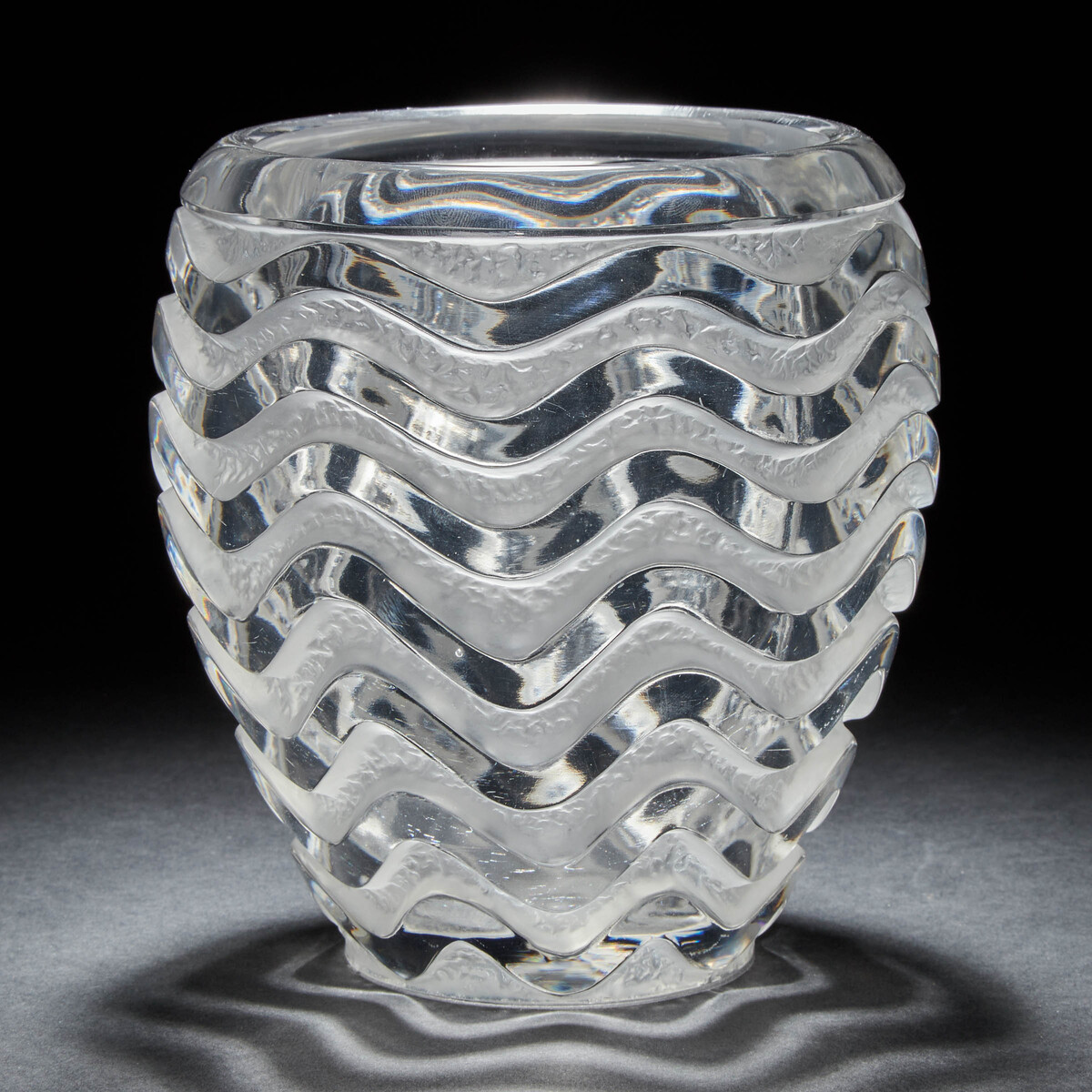 'Méandres', Lalique Moulded and Partly Frosted Glass Vase, post-1945, height 6.3 in — 16.1 cm
