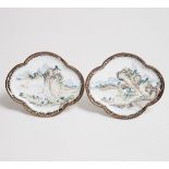 A Pair of Beijing Enamel 'Landscape' Quatrefoil Dishes, 18th Century, 清 乾隆时期 海棠形'翠琦'款铜胎画珐琅'山水图'碟 一对,