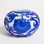 A Blue Overlay White Glass Water Pot, Qianlong Mark, 18th/19th Century, 清 十八/十九世纪 涅白地套蓝料水丞, width 7.