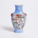 A Miniature Famille Rose Moulded Vase, Daoguang Period (1821-1850), 清 道光 天蓝地人物故事纹瓷塑小瓶, height 4.2 in