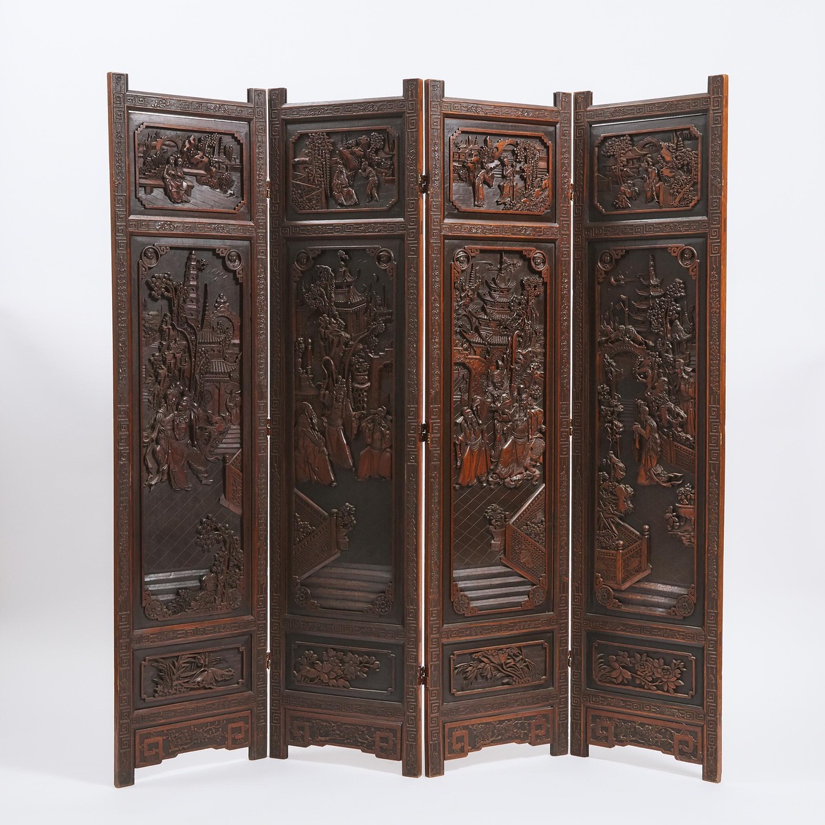 A Chinese Carved Wood 'Three Kingdoms' Four-Panel Floor Screen, Mid 20th Century, 民国 木雕人物故事纹屏风四扇, he