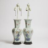 A Pair of Enameled Porcelain Hexagonal Vase Lamps, 19th/20th Century, 晚清/民国 粉彩六方九桃瓶一对, overall heigh