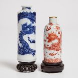 Two Iron-Red and Blue and White 'Dragon' Snuff Bottles, 19th Century, 清 十九世纪 青花龙纹烟壶及矾红云龙海水纹烟壶一组共两件,