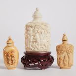 Three Ivory Snuff Bottles, 19th-20th Century, 十九/二十世纪 牙雕烟壶一组共三件, tallest bottle height 3.5 in — 9 cm