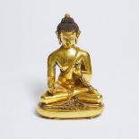 A Gilt Bronze Figure of Shakyamuni, Tibet, Early 20th Century, 二十世纪 鎏金释迦牟尼坐像, height 7.9 in — 20 cm