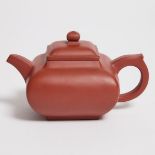 A Yixing Zisha Teapot, Signed Shi Qunfang, Circa 1980s, 史群芳 宜兴红土紫砂壶 作于约1980年, overall width 5.7 in —