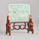 A Small Jadeite Carved Table Screen, 19th Century, 清 翡翠雕'马上封侯'小桌屏, including stand height 3.5 in — 8