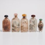 A Group of Five Inside-Painted Glass Snuff Bottles, Republican Period (1912-1949), 民国 内画料器烟壶一组五件, ta