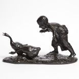 A Large Bronze Okimono of a Boy Chasing Geese, Meiji Period (1868-1912), 12.6 x 20.5 x 8.7 in — 32 x