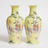 A Pair of Yellow-Ground Famille Rose 'Figural' Vases, Hongxian Mark, 20th Century, 二十世纪 洪宪款黄地粉彩'福禄寿'