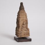 A Schist Model of a Stupa, Thailand, 15th Century, including stand height 15.9 in — 40.5 cm