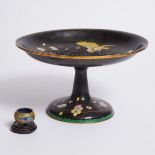 A Black-Ground Cloisonné Footed Dish, Together With a Miniature Censer, 20th Century, 二十世纪 铜胎掐丝珐琅高足盘