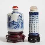 Two Blue and White 'Inscribed' Snuff Bottles, 1800-1880, 清 十八/十九世纪 青花乾隆丙寅年御题诗烟壶及青花釉里红诗文人物故事纹烟壶一组共两件,