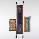 A Group of Three Chinese Embroidered Silk Panels, 19th Century, 清 十九世纪 盘锦绣博古图椅披及绣片一组共三件, longest len