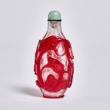 A Ruby-Red Overlay 'Snowstorm' Glass Snuff Bottle, 18th/19th Century, 清 十八/十九世纪 雪霏地套红料'螭龙'纹烟壶, heigh
