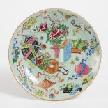 A Canton-Enameled Celadon-Ground 'Hundred Antiques' Dish, 19th Century, 清 十九世纪 广彩豆青地'博古图'盘, diameter