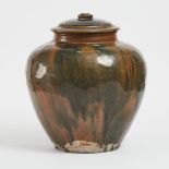 A Large Henan-Style Black and Russet Glazed Jar and Cover, 河南窑式黑釉褐斑盖罐, height 16.5 in — 42 cm