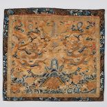 A Gold-Thread Embroidered Silk 'Dragon' Panel, Qing Dynasty, 清 盘金绣'云龙海水'纹绣片, 28.7 x 37 in — 73 x 94