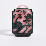 A Rare Green and Brown Overlay Pink Glass Plaque, 18th/19th Century, 清 十八/十九世纪 罕见粉地套绿褐料牌, 2.6 x 1.7