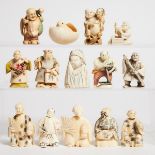 A Group of Fourteen Ivory Netsuke and Carvings, 19th-20th Century, tallest height 2.3 in — 5.9 cm (1