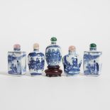 Five Blue and White 'Figural' Snuff Bottles, 19th-20th Century, 十九至二十世纪 青花人物故事纹烟壶一组共五件, tallest bott