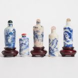 Five Blue and White 'Landscape' Snuff Bottles, 1780-1900, 清 十八/十九世纪 青花及煨瓷山水人物故事纹烟壶一组共五件, tallest bot