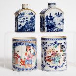 Two Chinese Export Mugs, Together With Two Tea Caddies, 18th Century, 清 十八世纪 外销青花茶叶罐及青花加彩开窗人物纹马克杯一组共