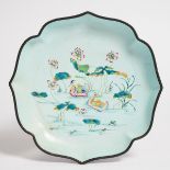 A Canton Enamel 'Mandarin Duck' Barbed-Rim Dish, 18th Century, 清 乾隆时期 广彩铜胎画珐琅'鸳鸯'葵口盘一对, diameter 10.