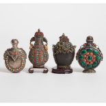 Four Embellished Mongolian Silver Snuff Bottles, 19th-20th Century, 十九/二十世纪 蒙古银嵌宝烟壶一组共四件, tallest bo