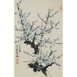 Dong Guangming, White Plum Blossom, Dated 1989, 东光明 白梅图 设色纸本 镜框 作于1989年, image 35 x 22 in — 89 x 56