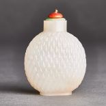 A White Glass Carved 'Basket-Weave' Snuff Bottle, 19th Century, 清 十九世纪 白料雕柳编纹鼻烟壶, overall height 2.8