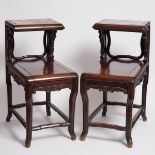 A Pair of Marble-Inset Suanzhi Rosewood Two-Tier Stands, Qing Dynasty, 清 酸枝嵌云石架一对, 28.7 x 20.1 x 13.