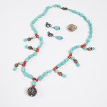 A Set of Four Chinese Silver Filigree and Enamel Mounted Turquoise and Coral Jewellery Pieces, 19th/