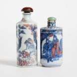 Two Copper-Red Blue and White Snuff Bottles, 1780-1850, 清 十八/十九世纪 青花釉里红'五猴送福'及人物故事纹烟壶一组两件, tallest b