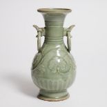 A Moulded Longquan Celadon 'Lotus' Vase, Possibly Yuan/Ming Dynasty, 或元/明 龙泉青釉模印洋莲纹双耳瓶, height 10.1