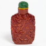 A Large Carved Root Amber 'Boys' Snuff Bottle, 1780-1880, 清 十八/十九世纪 琥珀巧雕婴戏图鼻烟壶, height 3.7 in — 9.4