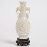A Small Pale Hardstone Vase, 19th/20th Century, 晚清/民国 硬石雕活环耳瓶, vase height 5.9 in — 15 cm