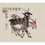 Cheng Shifa (1921-2007), Two Rams, Dated 2001, 程十发 (1921-2007) 得意图 设色纸本 镜框 作于2001年, frame 16.9 x 22.