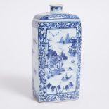 A Blue and White Rectangular 'Landscape' Bottle, 18th/19th Century, 清 十八/十九世纪 青花'山水图'方瓶, height 9.9